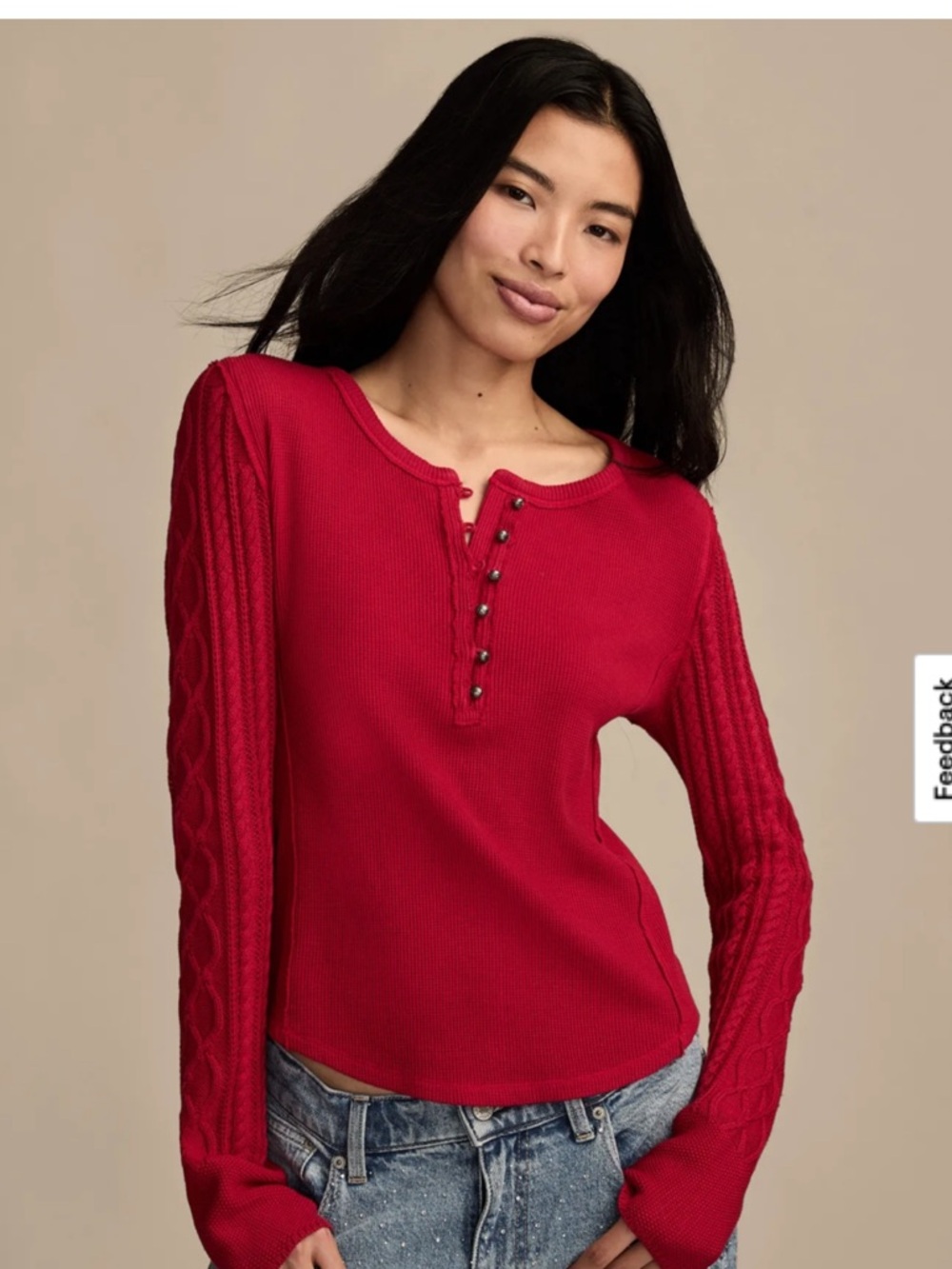 Lucky Brand Red Cable-Sleeve Henley Long-Sleeve Top